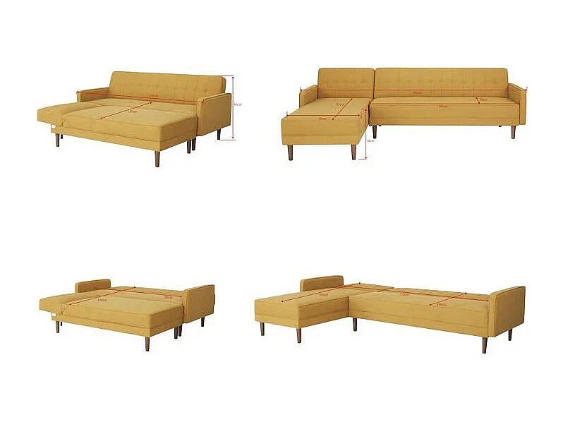 Canape dangle 3 places reversible - Tissu jaune moutarde - Pieds en bois - L 286 x P 169 x H 80 cm - IMANIA