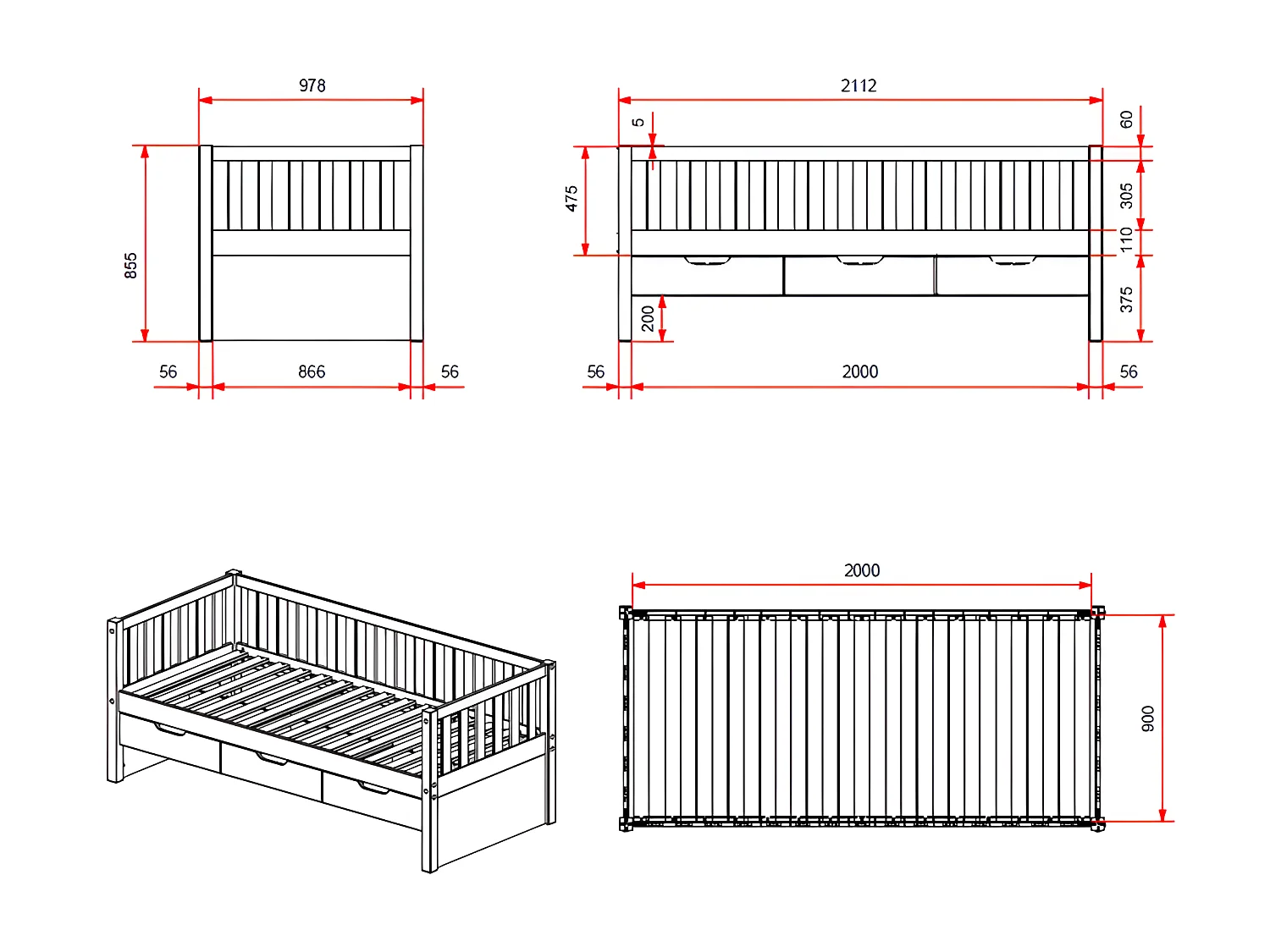 Lit Capitaine Enfant & 3 Tiroirs "Fritz" 90x200cm Blanc