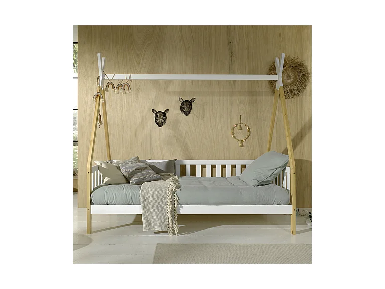 Lit Enfant & Barrière Pin Massif "Tipi" 90x200cm Blanc
