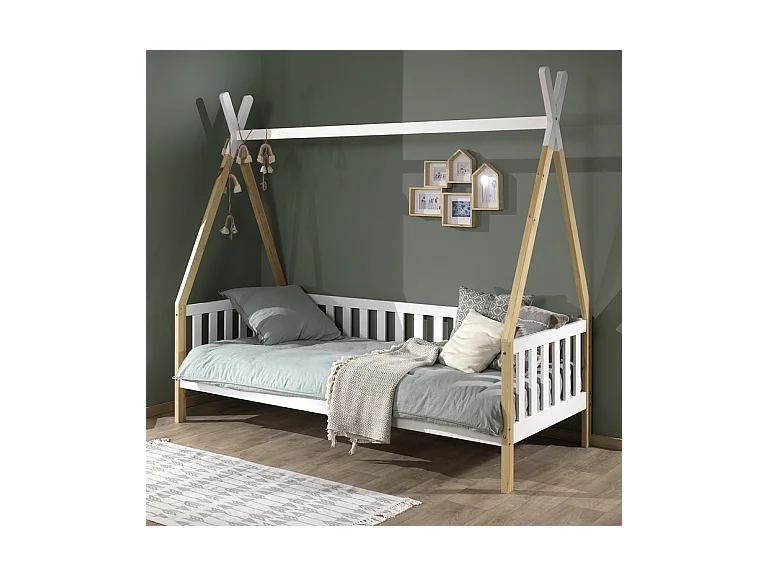 Lit Enfant & Barrière Pin Massif "Tipi" 90x200cm Blanc