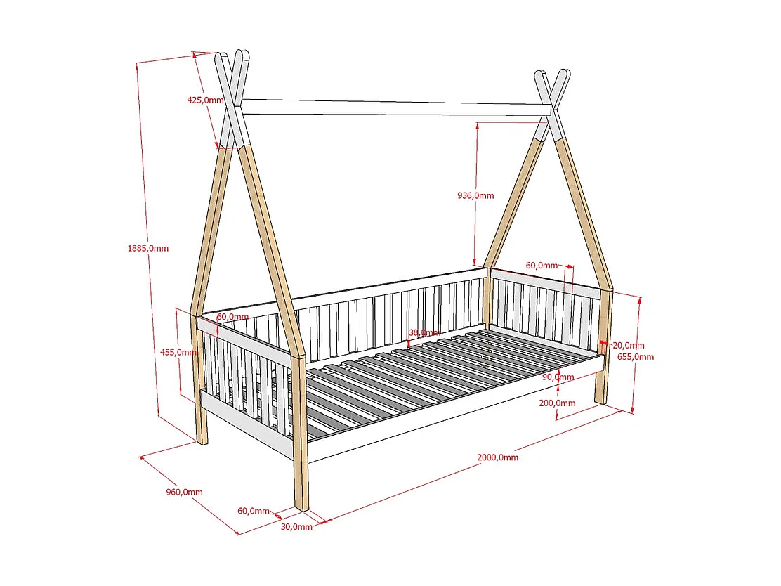 Lit Enfant & Barrière Pin Massif "Tipi" 90x200cm Blanc