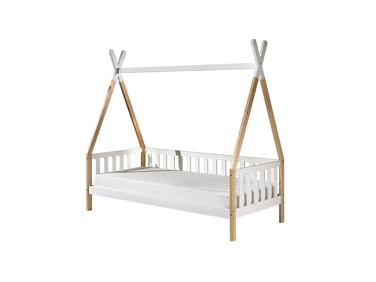 Lit Enfant & Barrière Pin Massif "Tipi" 90x200cm Blanc & Naturel