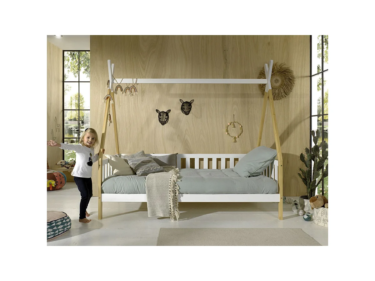 Lit Enfant & Barrière Pin Massif "Tipi" 90x200cm Blanc & Naturel