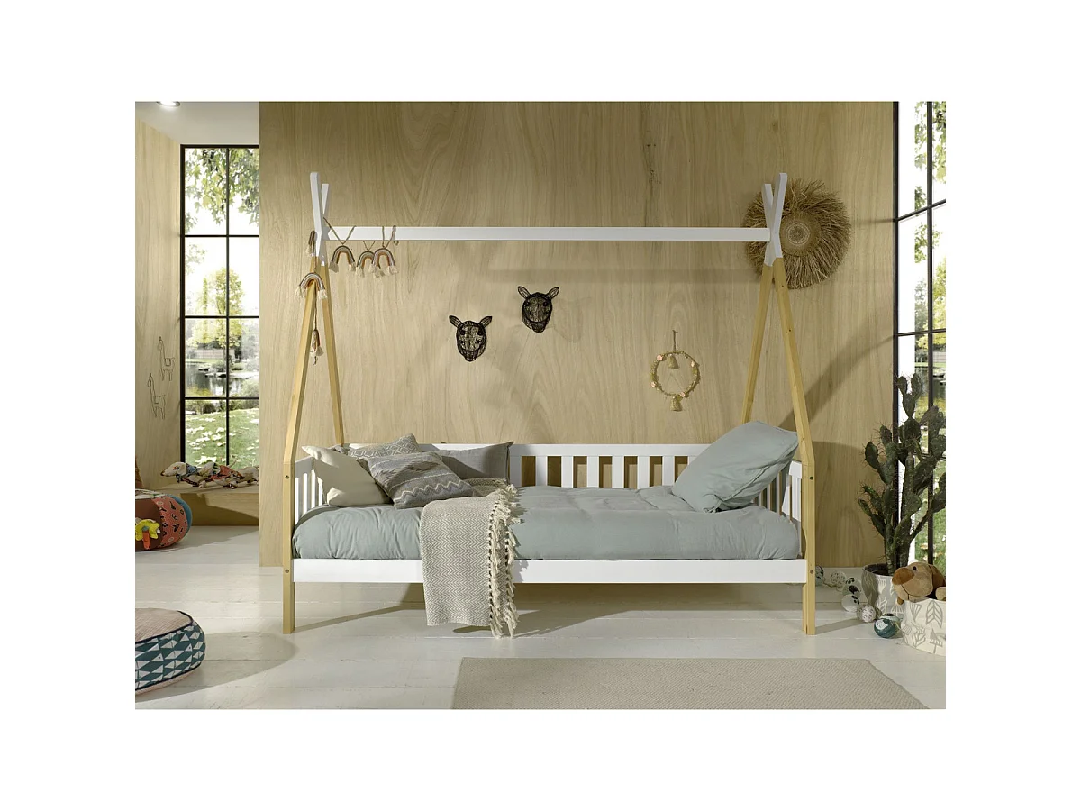 Lit Enfant & Barrière Pin Massif "Tipi" 90x200cm Blanc & Naturel