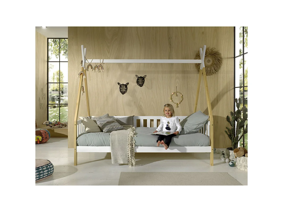 Lit Enfant & Barrière Pin Massif "Tipi" 90x200cm Blanc & Naturel