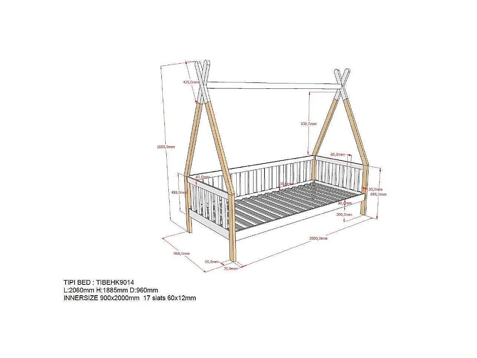 Lit Enfant & Barrière Pin Massif "Tipi" 90x200cm Blanc & Naturel