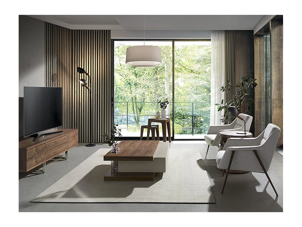 Trójkątny stolik narożny z hartowanego szkła i orzecha włoskiego