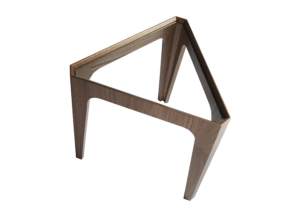 Trójkątny stolik narożny z hartowanego szkła i orzecha włoskiego