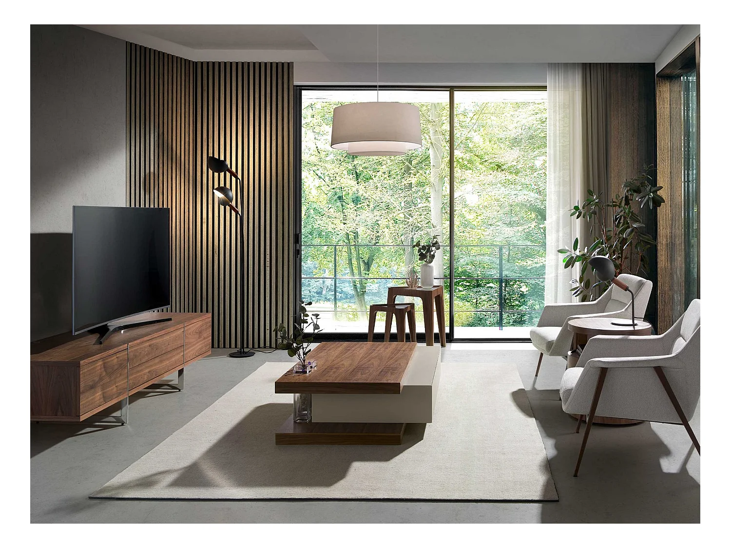 Trójkątny stolik narożny z hartowanego szkła i orzecha włoskiego