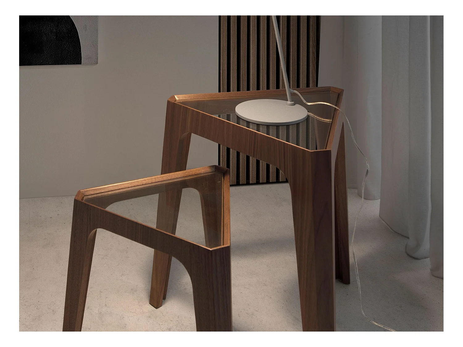 Trójkątny stolik narożny z hartowanego szkła i orzecha włoskiego