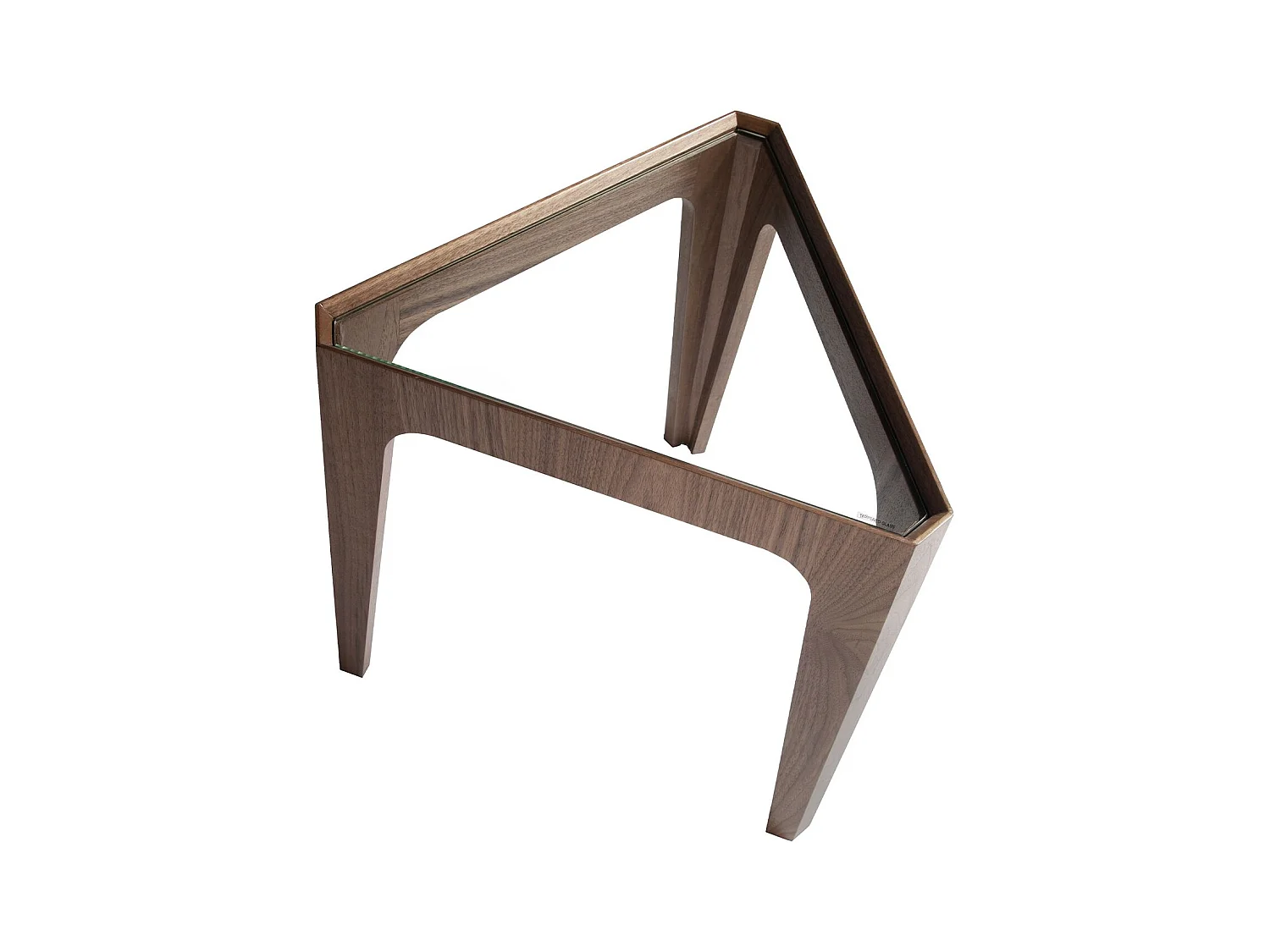 Trójkątny stolik narożny z hartowanego szkła i orzecha włoskiego