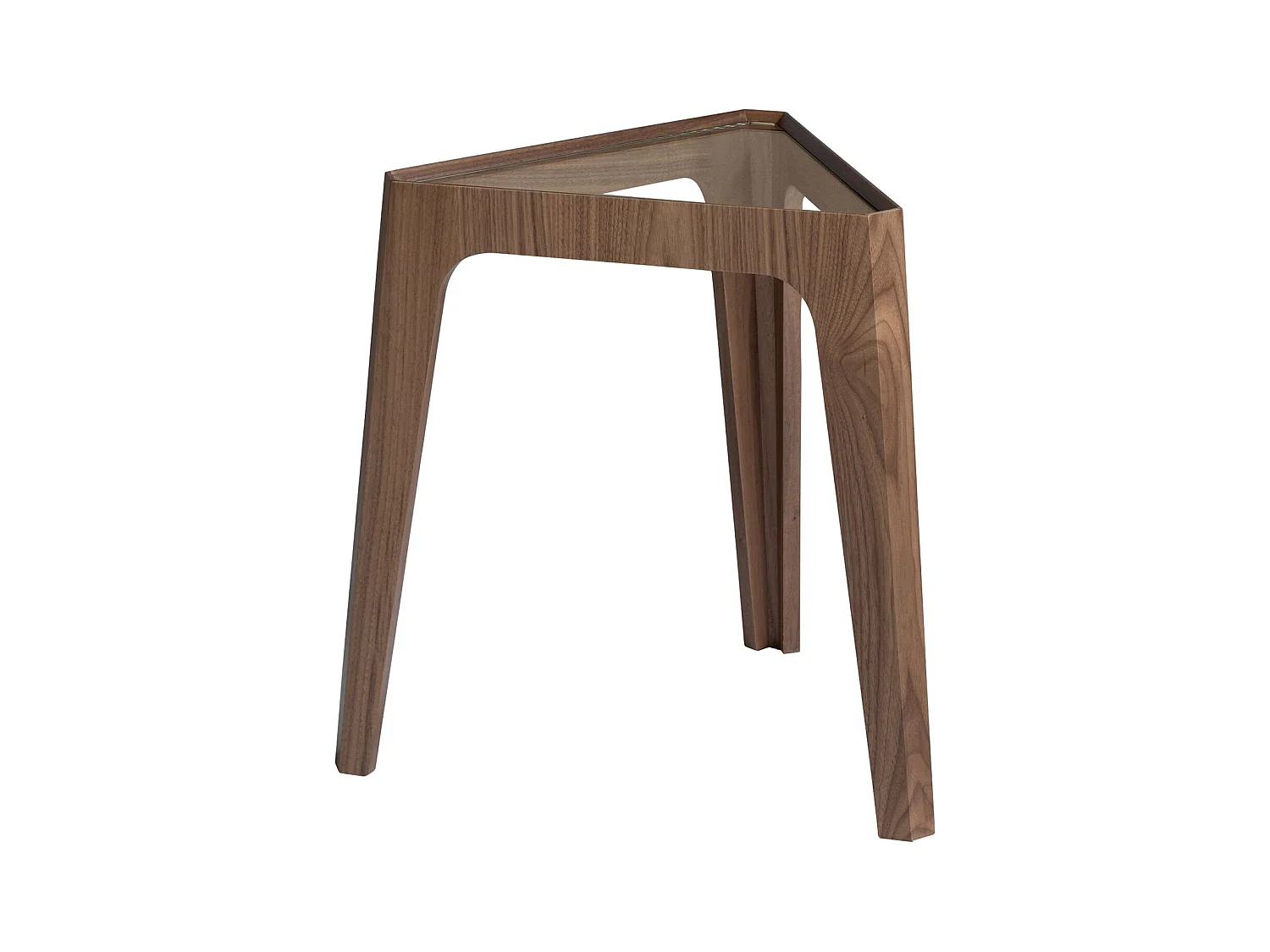 Table d'angle triangulaire en verre trempé et noyer