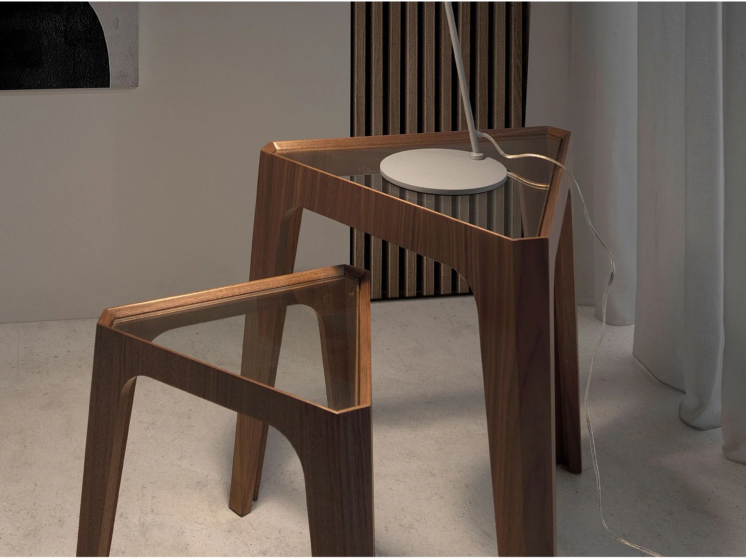 Mesa rincón triangular cristal templado y nogal 2106 ANGEL CERDA