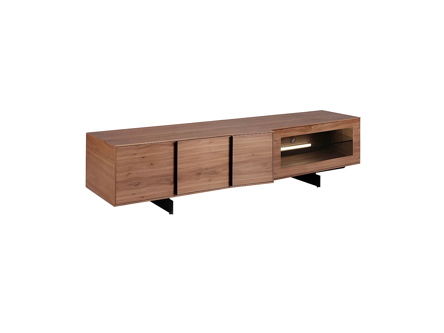 Szafka pod telewizor z orzecha włoskiego i czarnej stali z oświetleniem wewnętrznym