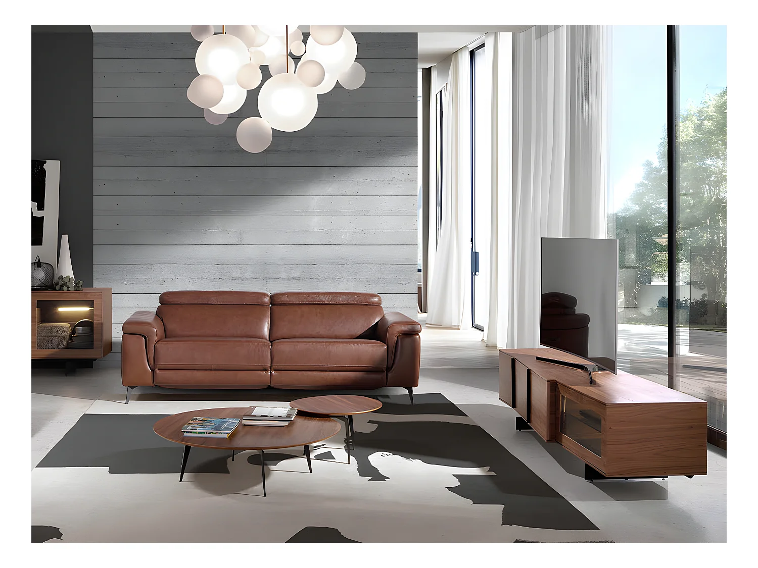 Szafka pod telewizor z orzecha włoskiego i czarnej stali z oświetleniem wewnętrznym