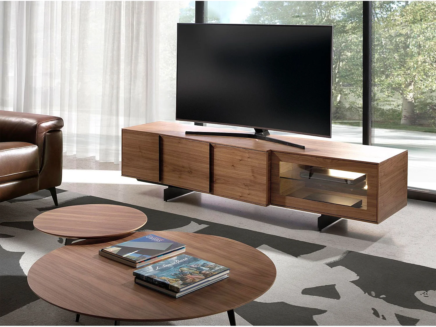 Meuble TV en noyer et acier noir avec éclairage intérieur 3219 ANGEL CERDA