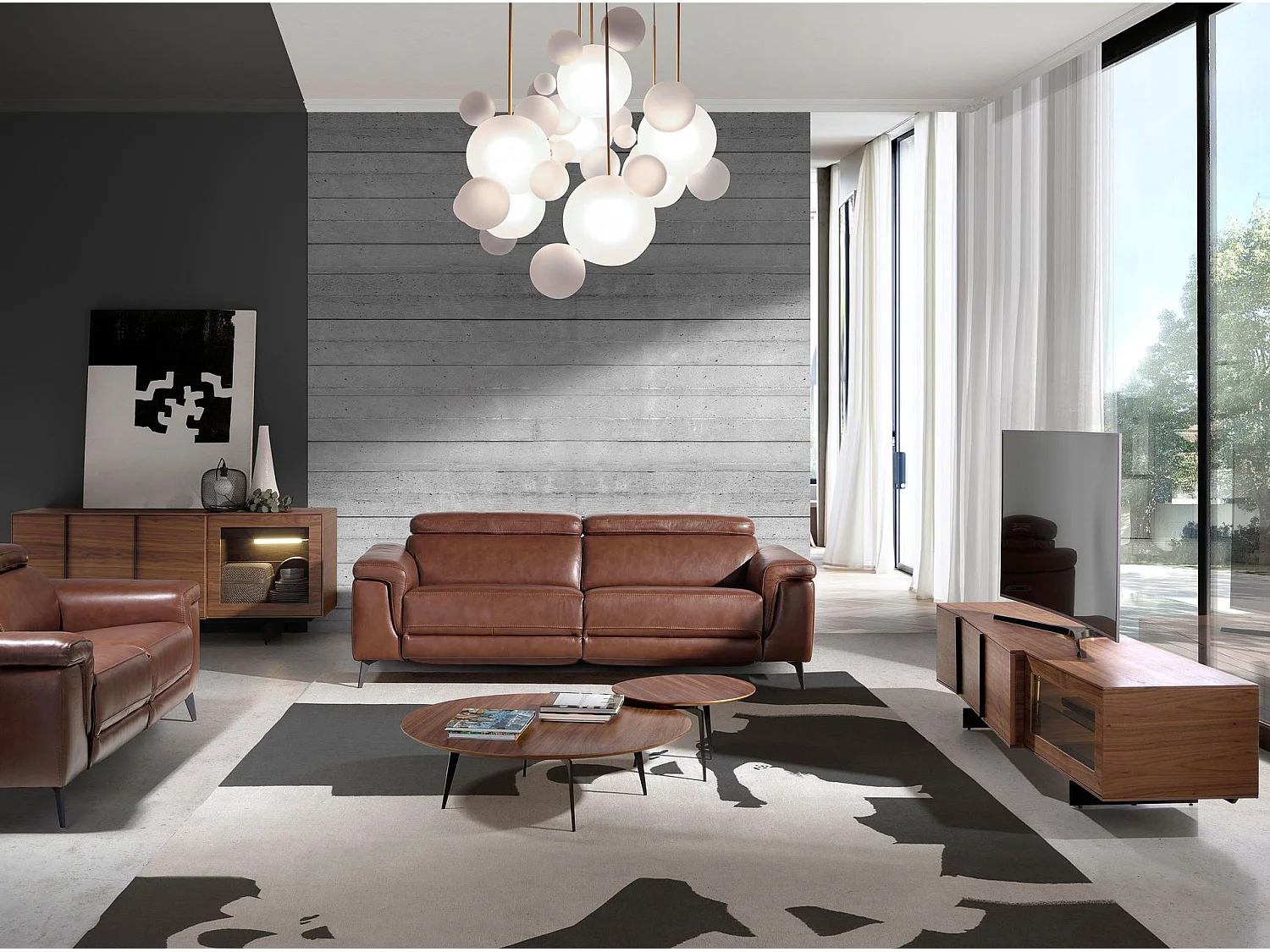 Meuble TV en noyer et acier noir avec éclairage intérieur 3219 ANGEL CERDA