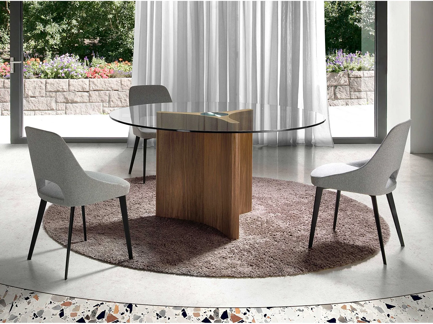 Eettafel rond gehard glas en walnoot fineer 1094 ANGEL CERDA