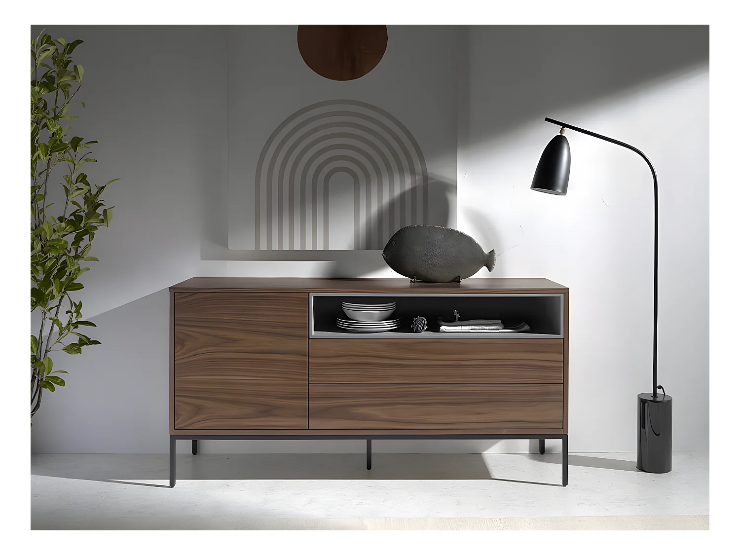 Dressoir walnoot en mat grijs. Zwarte stalen poten 3226 ANGEL CERDA