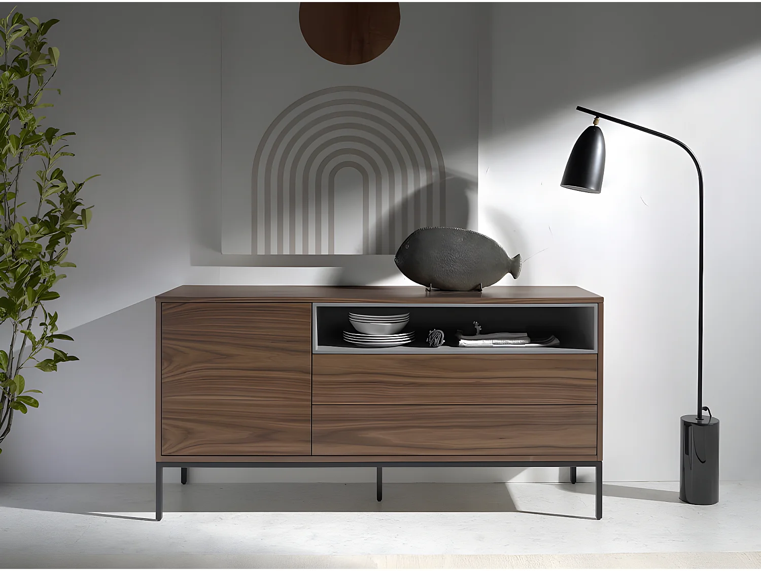 Dressoir walnoot en mat grijs. Zwarte stalen poten 3226 ANGEL CERDA