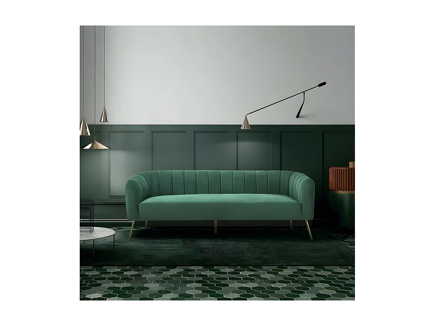 Canapé rétro - 3 places - Velours bleu vert - Style chic - L 207 x P 87 x H 77 cm - MATHIS - Structure bois massif