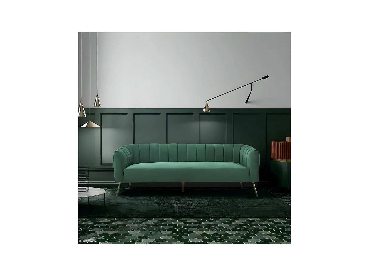 Canapé rétro - 3 places - Velours bleu vert - Style chic - L 207 x P 87 x H 77 cm - MATHIS - Structure bois massif