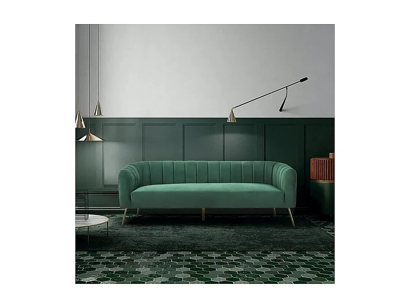 Canapé rétro - 3 places - Velours bleu vert - Style chic - L 207 x P 87 x H 77 cm - MATHIS - Structure bois massif