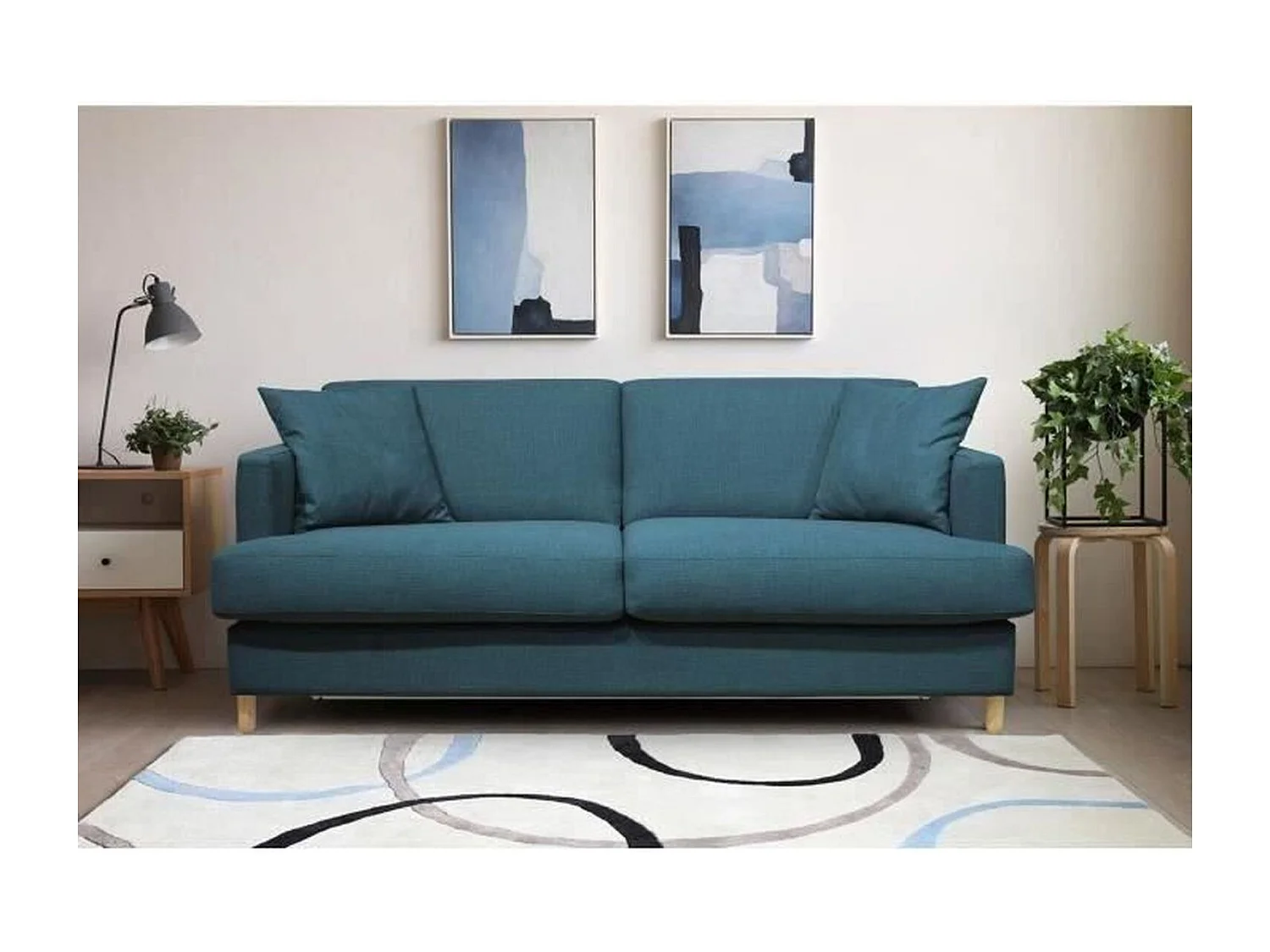 Canapé Convertible 3 Places - Tissu Bleu Pétrole - HEXAGONE