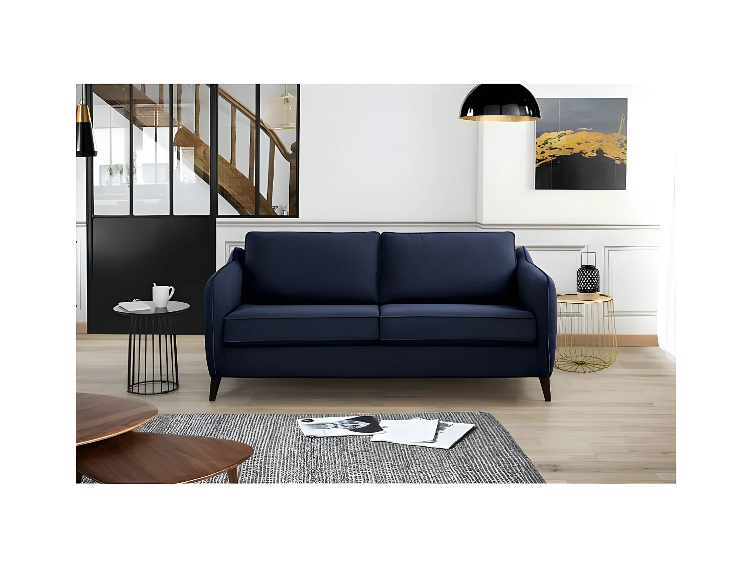 HEXAGONE Canape convertible couchage express - 3 places - Velours bleu nuit - L 182 x P 85 x H 97 cm - CLYDE