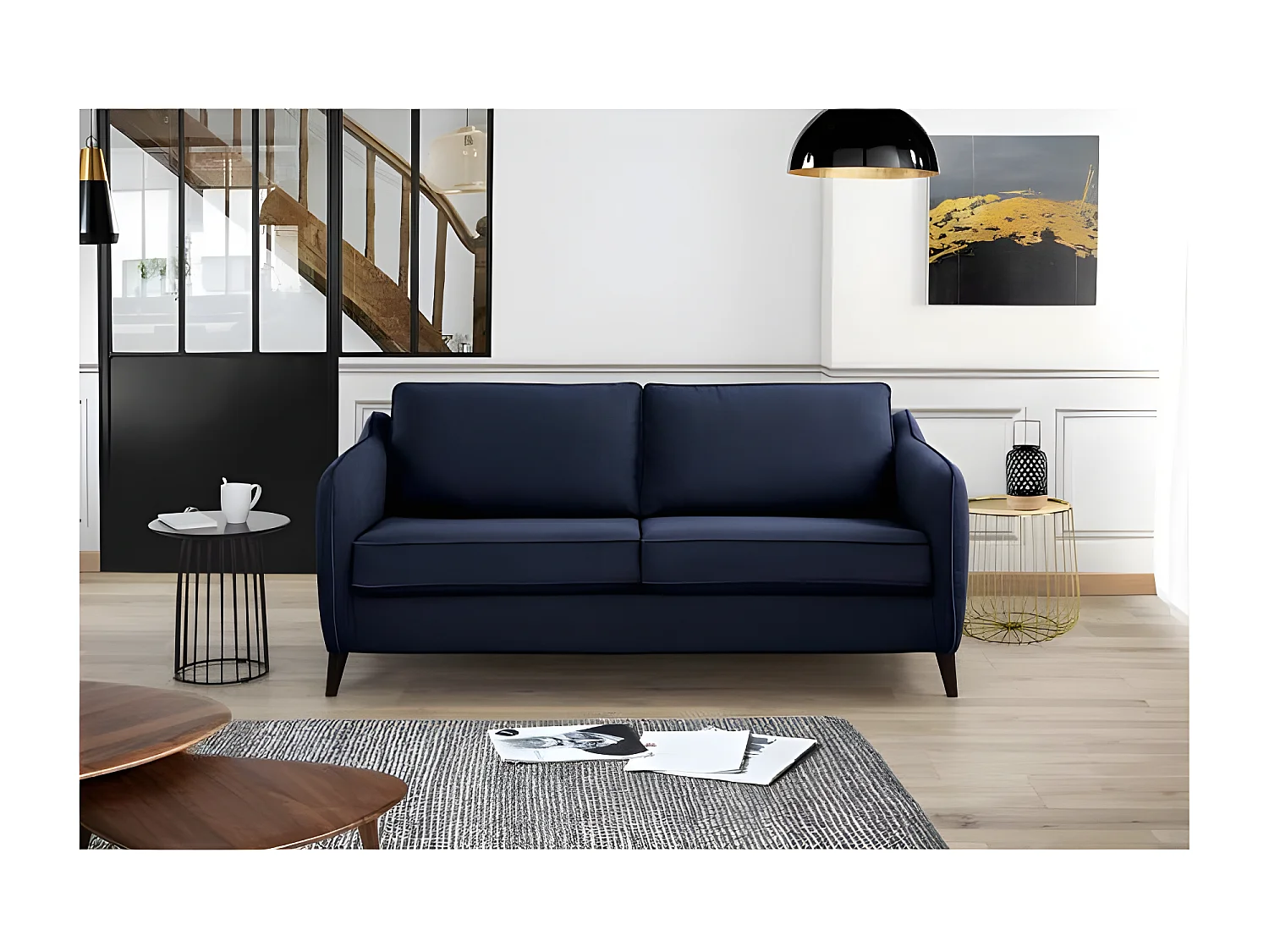 HEXAGONE Canape convertible couchage express - 3 places - Velours bleu nuit - L 182 x P 85 x H 97 cm - CLYDE