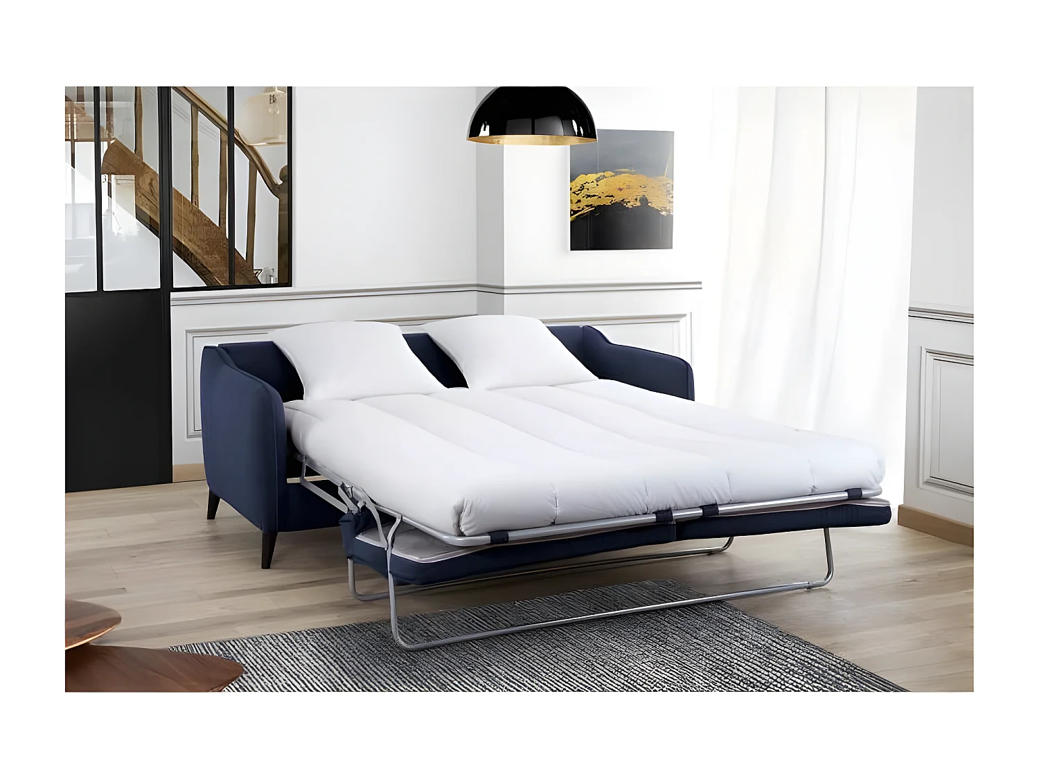 HEXAGONE Canape convertible couchage express - 3 places - Velours bleu nuit - L 182 x P 85 x H 97 cm - CLYDE