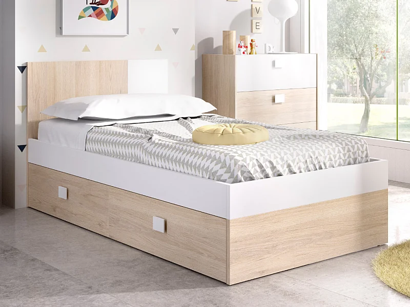 Lit gigogne 2 x 90 x 190 cm - Coloris : Naturel et blanc + sommier - SONIA