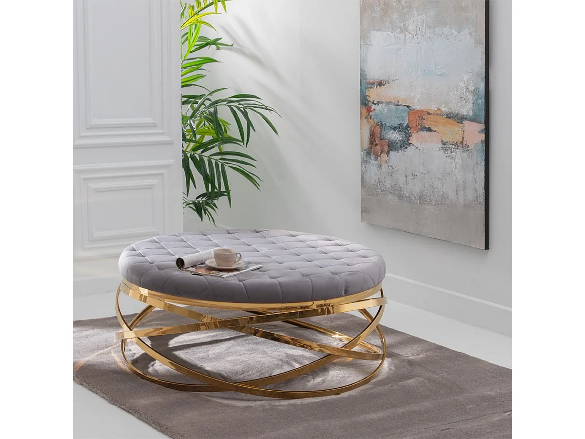 LOFNA - Table Basse Plateau Capitonné Gris et Piétement Doré