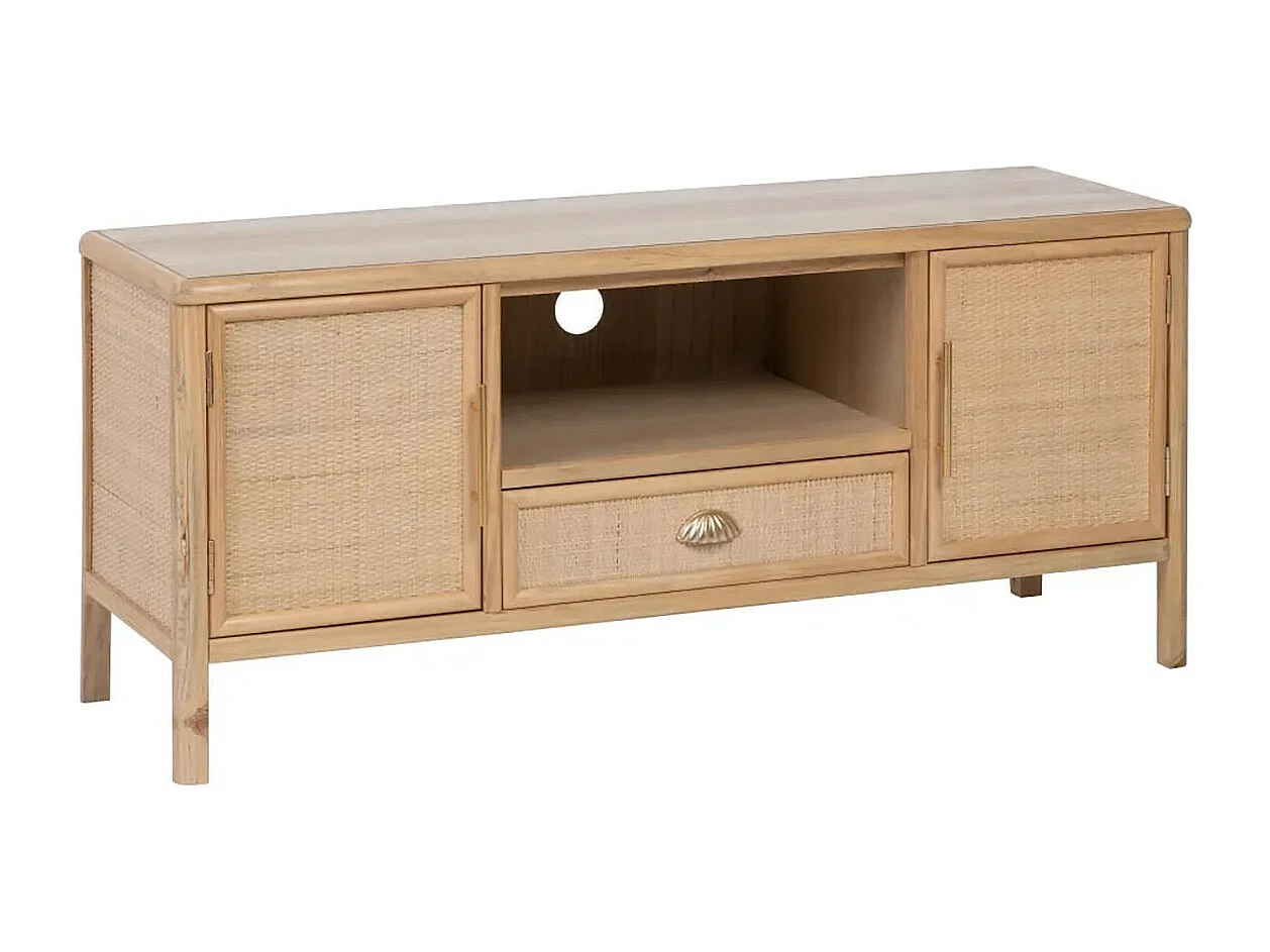 JULIAS - Meuble TV 2 Portes Effet Bois et Rotin