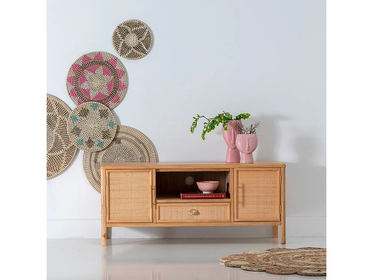 JULIAS - Meuble TV 2 Portes Effet Bois et Rotin