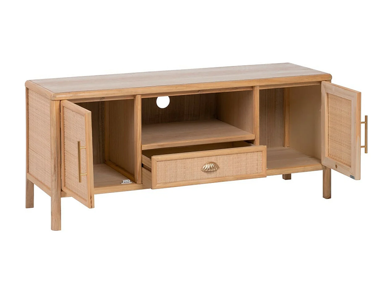 JULIAS - Meuble TV 2 Portes Effet Bois et Rotin