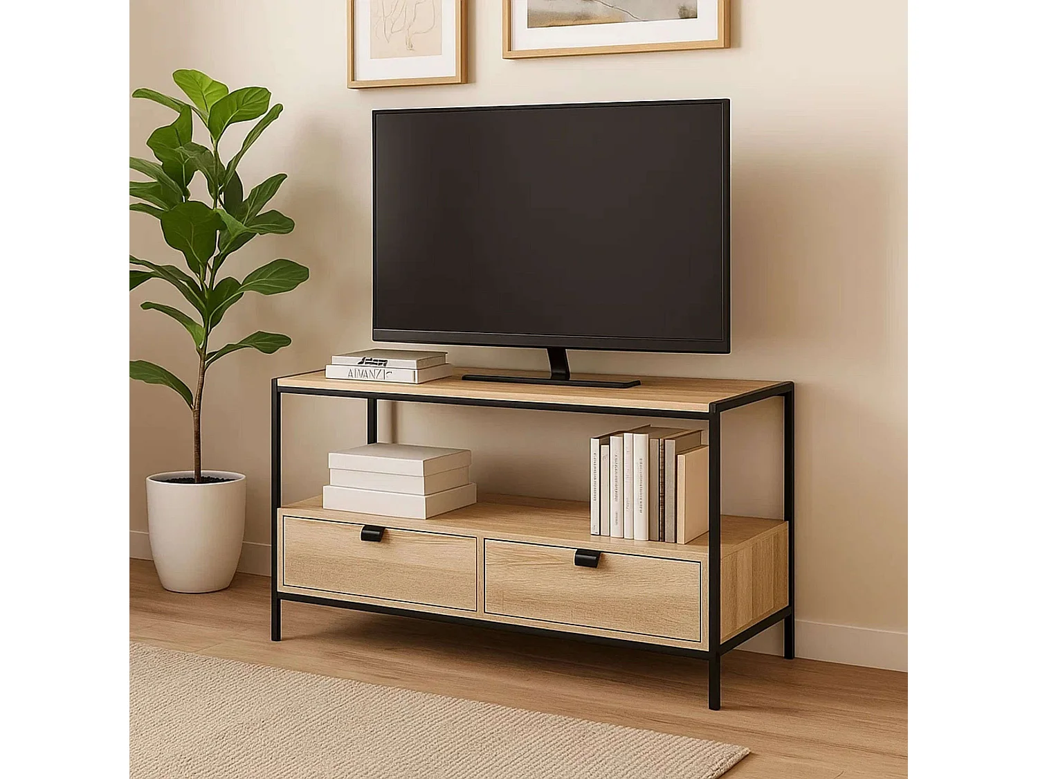 Meuble TV 2 Tiroirs Design "Aliaj" 100cm Beige