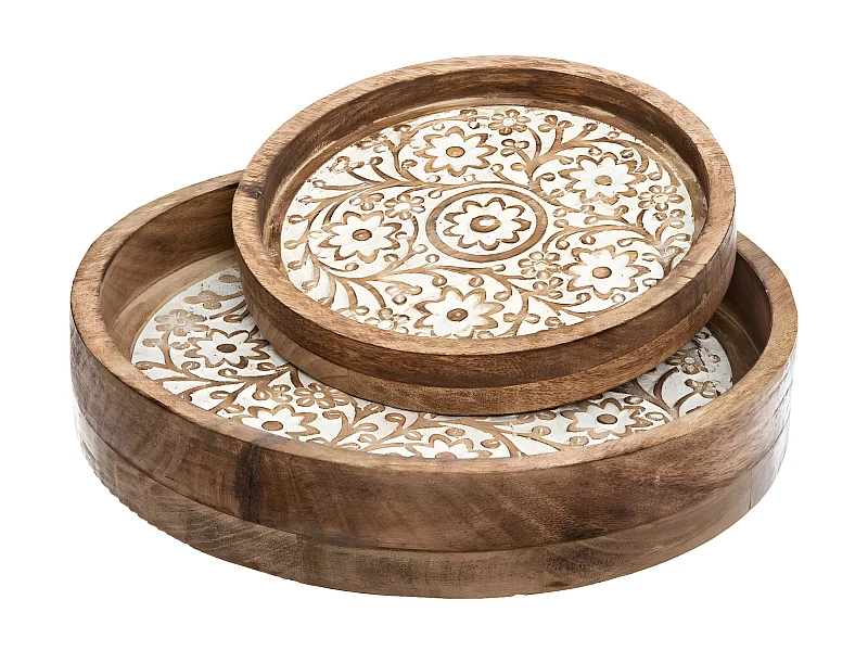 Lot de 2 Plateaux ronds sculptés et blanchis en Manguier