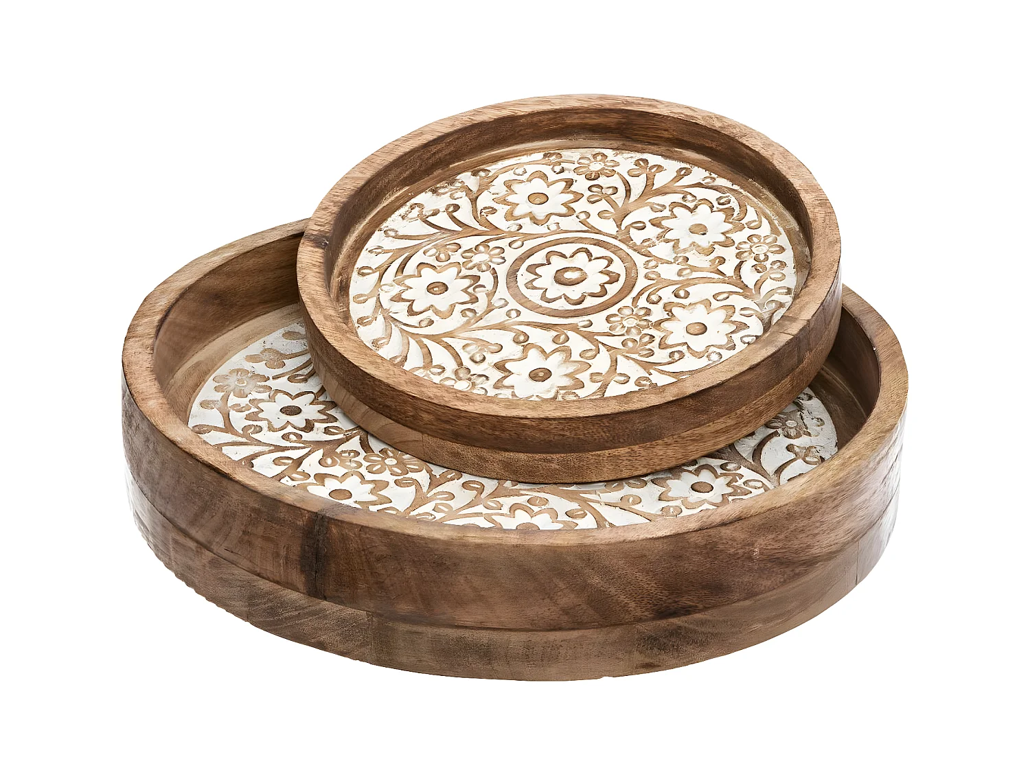 Lot de 2 Plateaux ronds sculptés et blanchis en Manguier