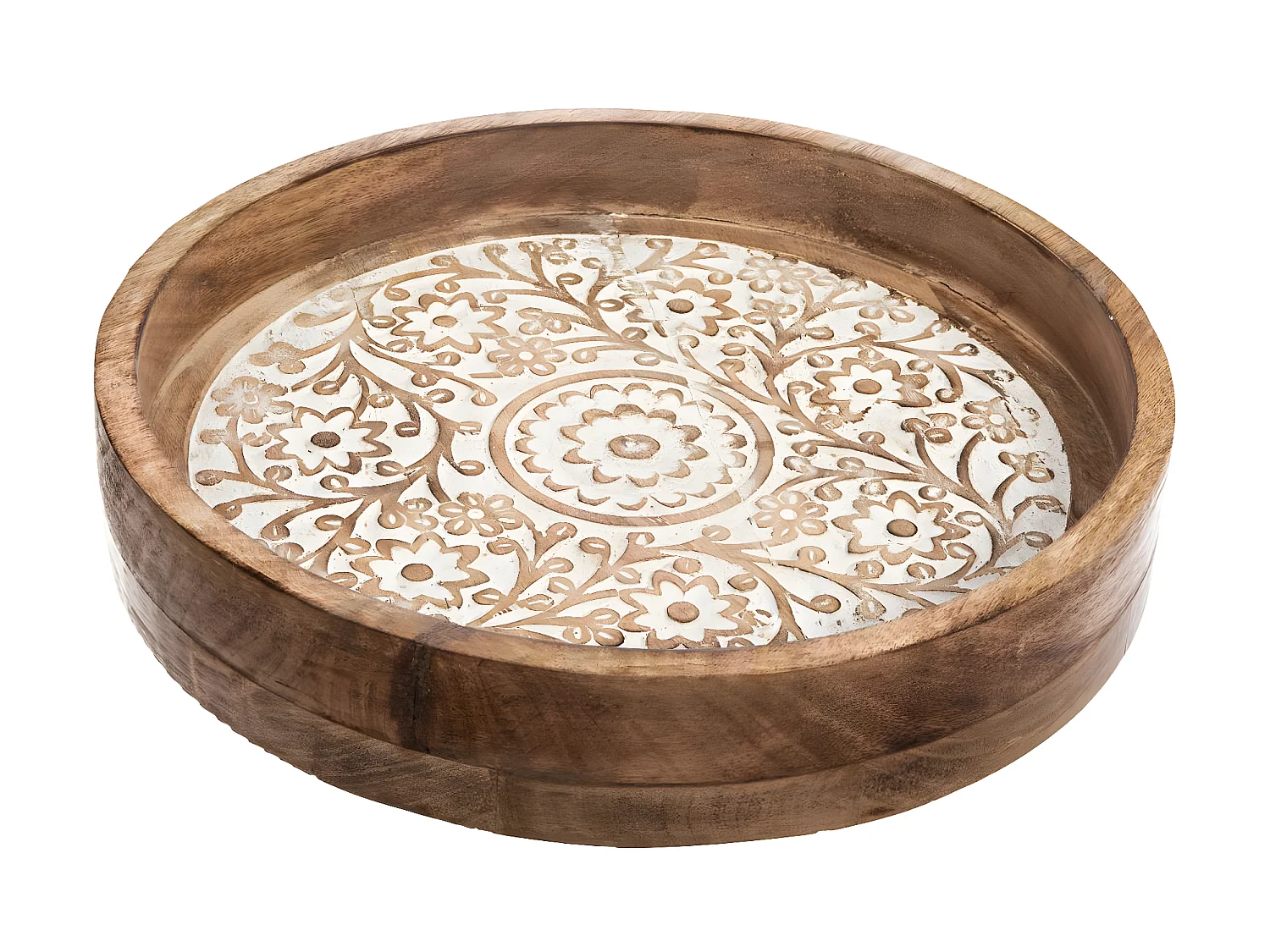 Lot de 2 Plateaux ronds sculptés et blanchis en Manguier