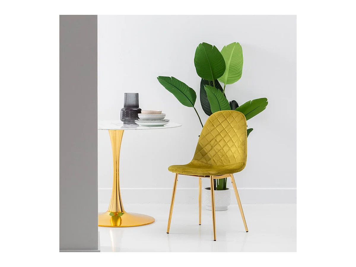 GLASSY - Lot de 4 Chaises Surpiqures Carreaux Velours Jaune