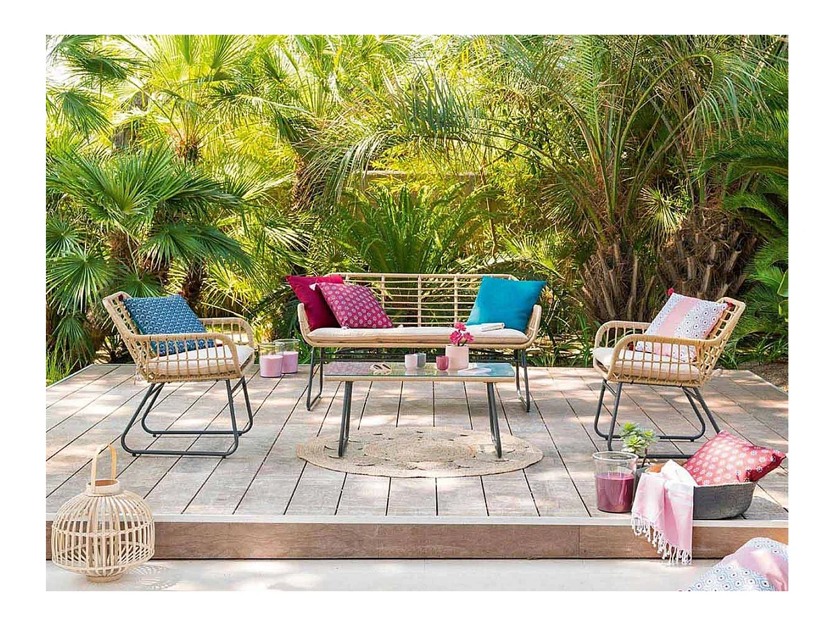 Salon de jardin en résine tressée Lambada Sésame avec table basse rectangulaire - 4 places - Hespéride