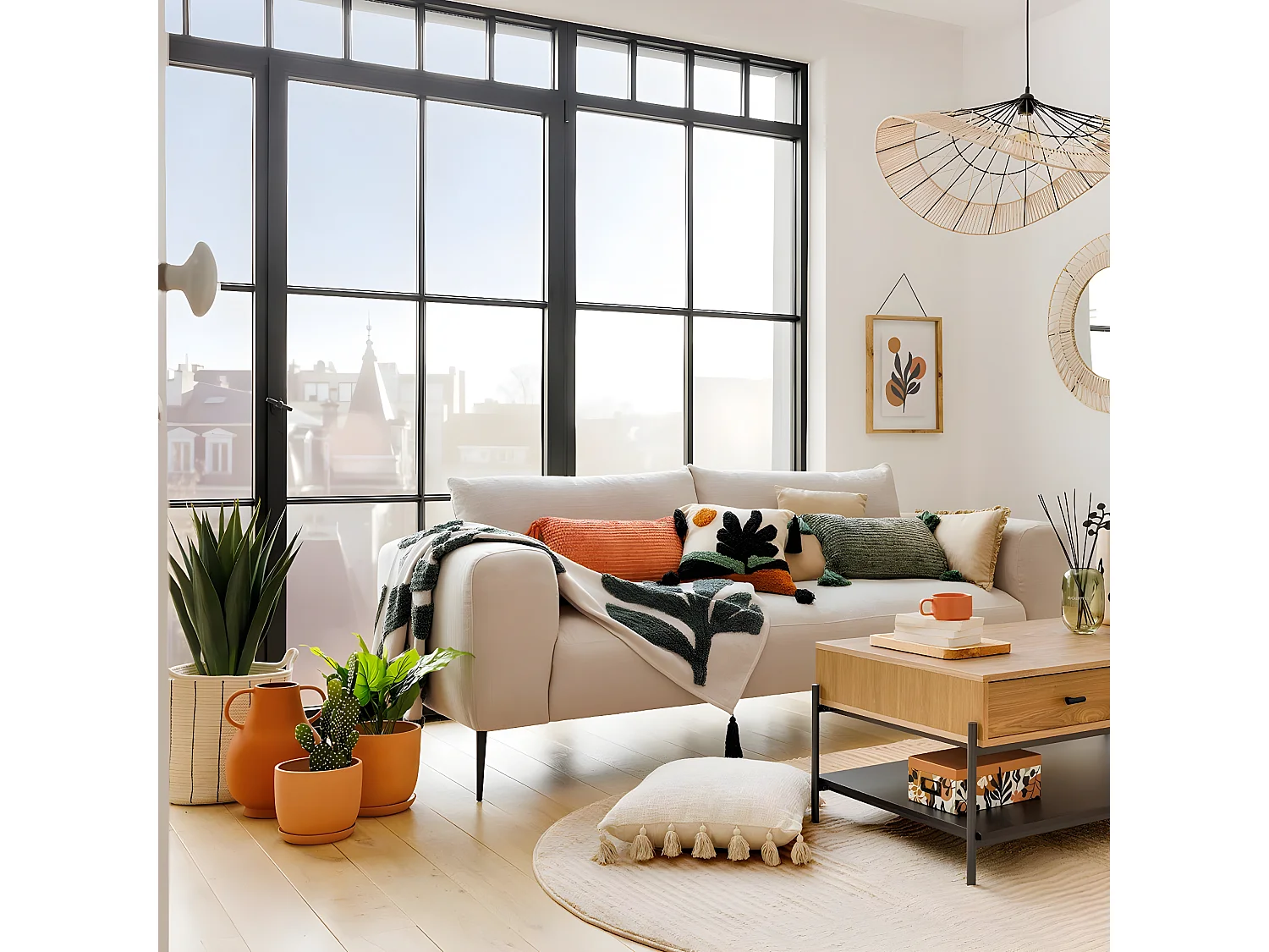 Lot de 2 Paniers de rangement en Coton Ivoire et rayé Noir