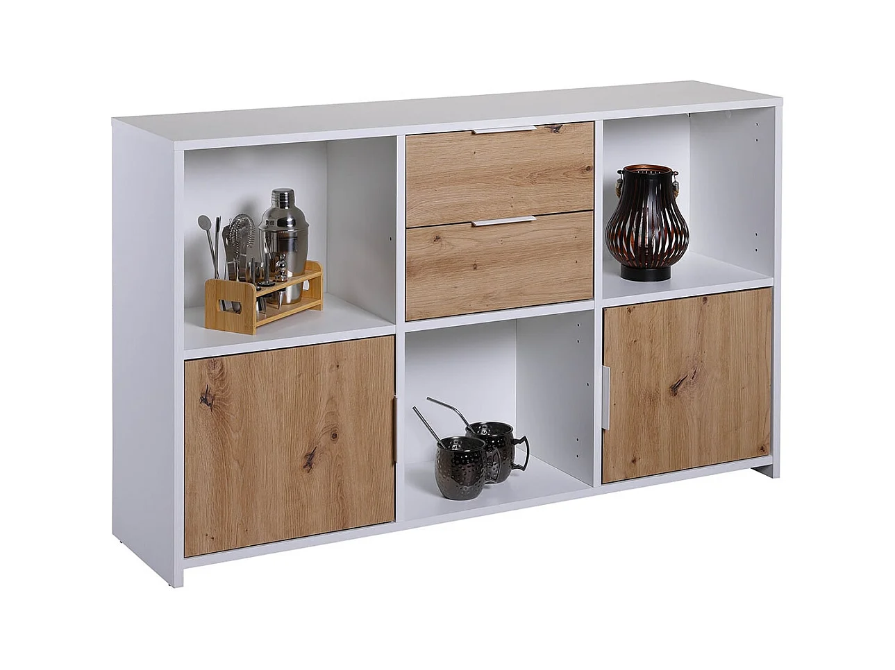 OPHELY - Meuble Multi-Rangement Blanc et Effet Bois