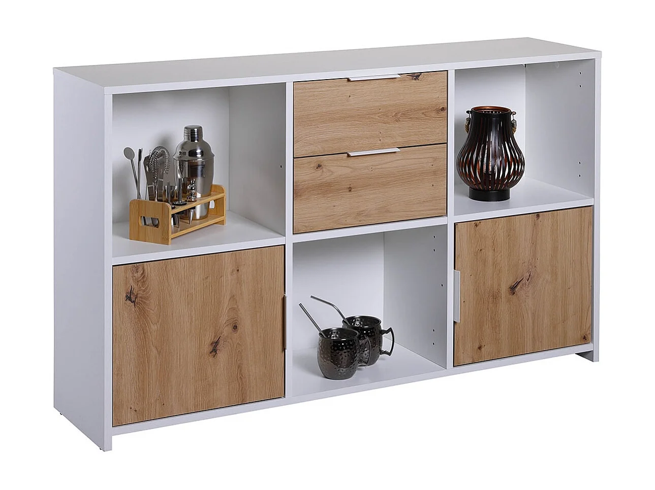 OPHELY - Meuble Multi-Rangement Blanc et Effet Bois