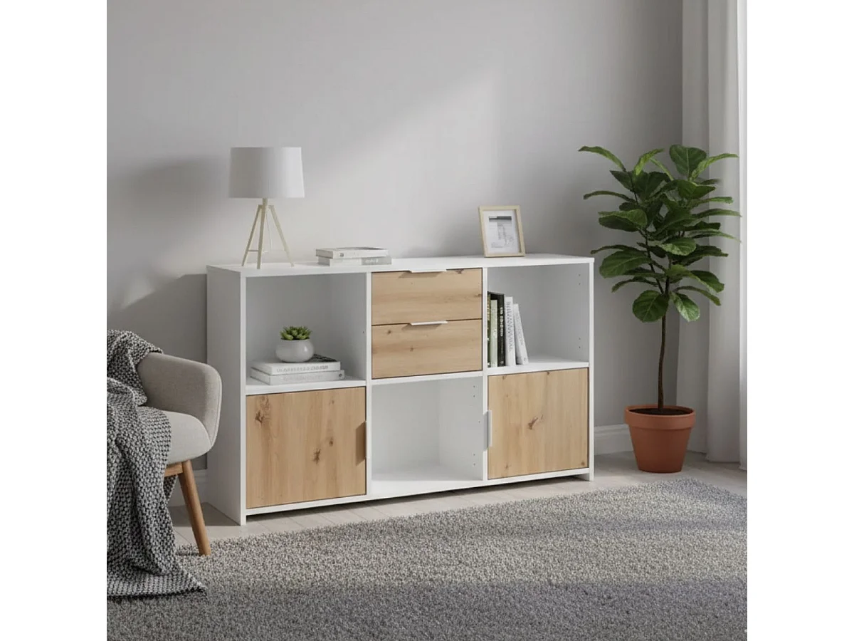 OPHELY - Meuble Multi-Rangement Blanc et Effet Bois