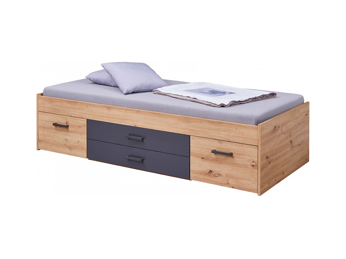 FIDAS - Lit 90x200cm Multi-Rangements Effet Chêne et Anthracite