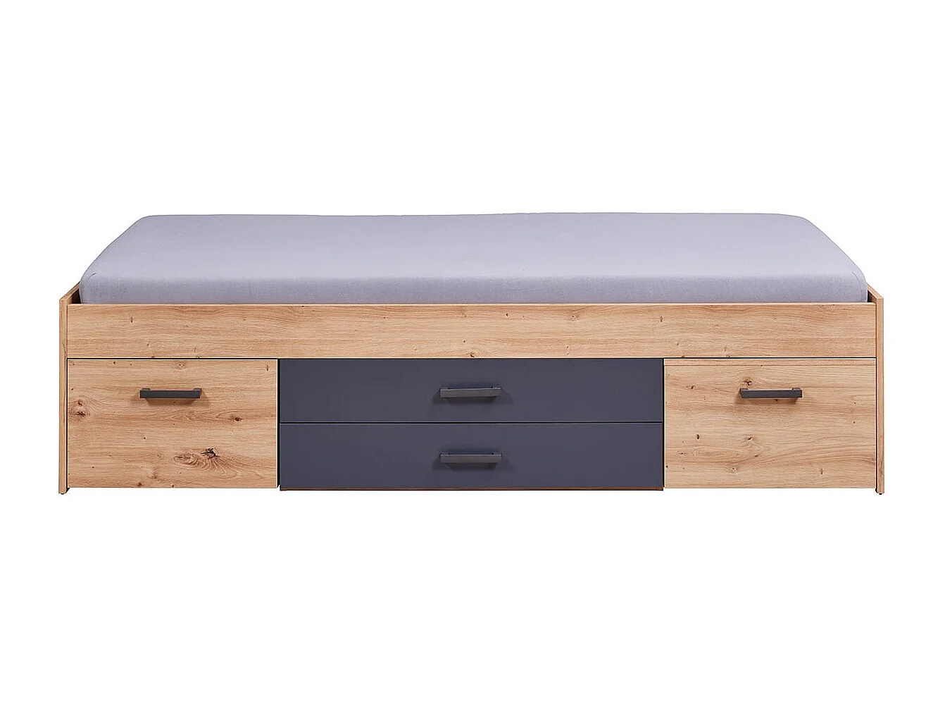 FIDAS - Lit 90x200cm Multi-Rangements Effet Chêne et Anthracite