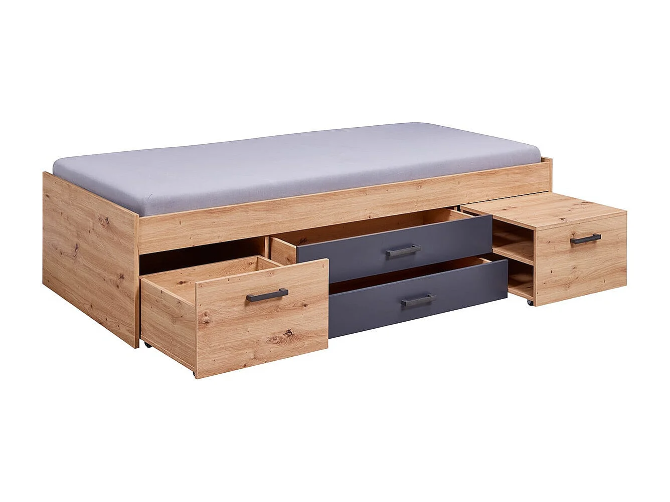 FIDAS - Lit 90x200cm Multi-Rangements Effet Chêne et Anthracite