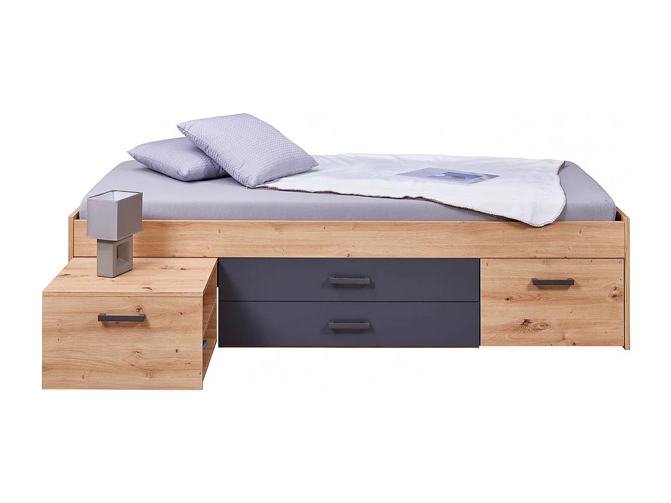 FIDAS - Lit 90x200cm Multi-Rangements Effet Chêne et Anthracite